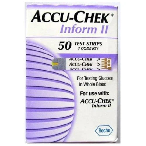 A box of Accu-Chek Inform II test strips, containing fifty strips and a code key, is shown for testing glucose in whole blood. It is designed for use with an Accu-Chek Inform II device.