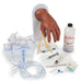 A training hand model displays intravenous insertion; surrounding it are IV bags, tubing, syringes, needles, and artificial blood.