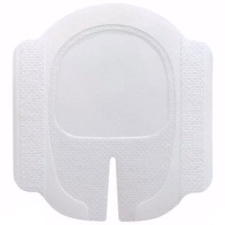 A white, rectangular sanitary pad, rests flat, showing its absorbent core through a central opening. The pad has folded wings on either side.