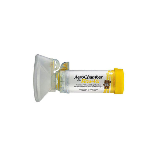 AeroChamber Plus Flow-Vu, Anti-Static Valved Holding Chamber sits on a white background. A light-colored, soft mask is connected to the device with a cylindrical, transparent chamber.