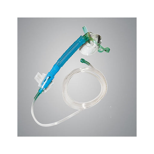 A blue oxygen mask with tubing delivers oxygen; it is situated against a gray background.