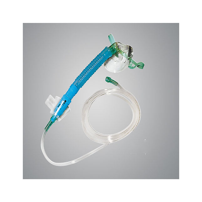 A blue oxygen mask with tubing delivers oxygen; it is situated against a gray background.
