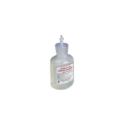 A small bottle of Sterile 0.9% Sodium Chloride sits on a white background. The bottle has a small dispensing tip.