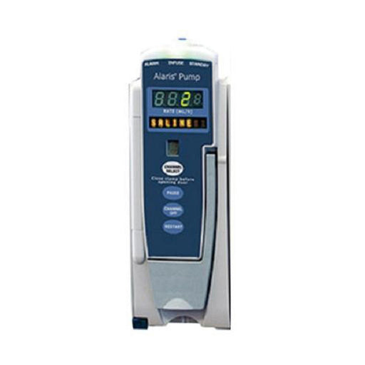 An Alaris Pump displays "8828" and "SALINE" on its screen; it's dispensing fluids, mounted on a wall or stand.