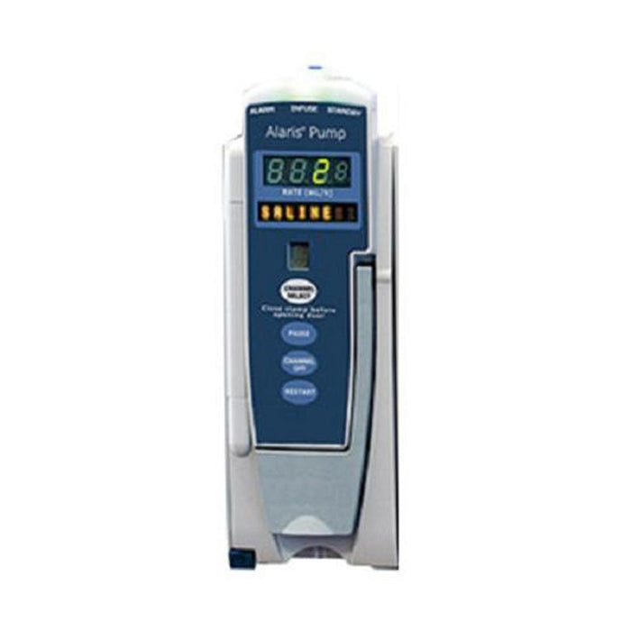 An Alaris Pump displays "8828" and "SALINE" on its screen; it's dispensing fluids, mounted on a wall or stand.