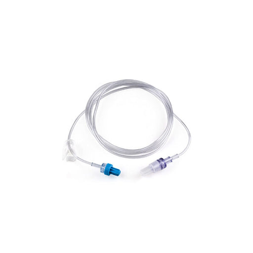 A coiled medical cable with blue and white connectors rests on a plain white background.