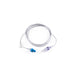 A coiled medical cable with blue and white connectors rests on a plain white background.