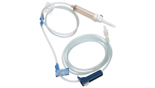 A medical intravenous (IV) set, coiled, lies on a white background. It includes tubing, a drip chamber, and connectors.