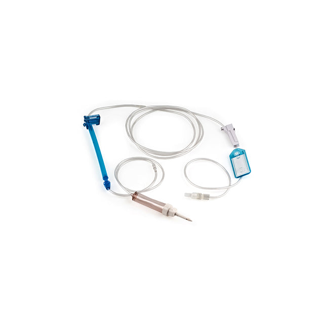 A medical intravenous (IV) system lies on a white surface. It consists of tubing, a small clear syringe, and a blue and gray connector.