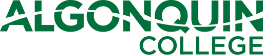 The Algonquin College logo is displayed, appearing as dark-green text against a black background.