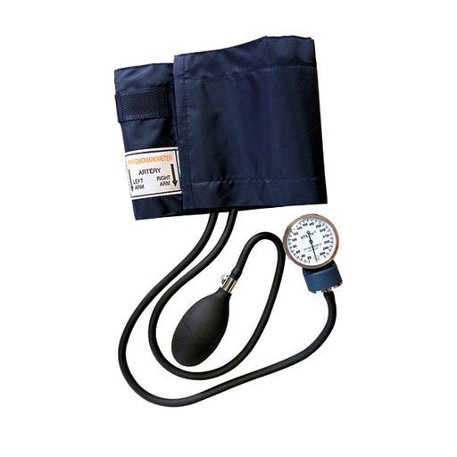 A sphygmomanometer measures blood pressure. Its cuff is dark blue, and it has a gauge and bulb. The label indicates its use on the left or right arm. "SPHYGMOMANOMETER ARTERY LEFT ARM RIGHT ARM"