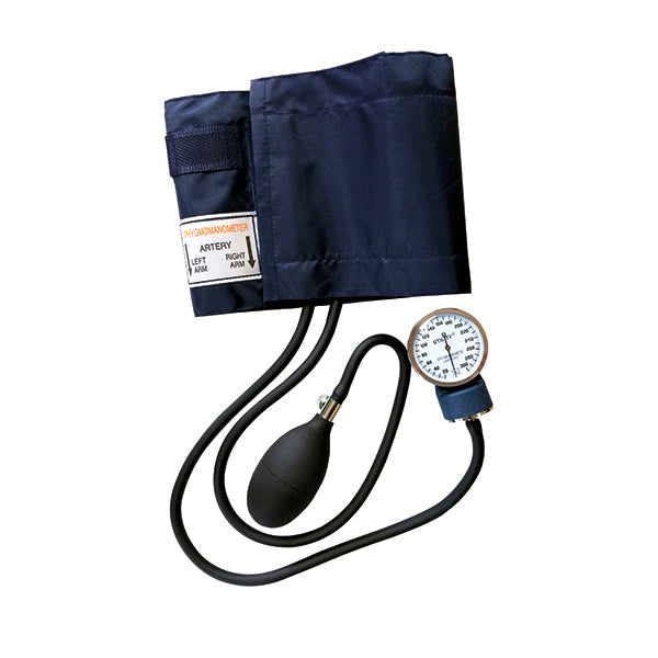 A sphygmomanometer measures blood pressure. Its cuff is dark blue, and it has a gauge and bulb. The label indicates its use on the left or right arm. "SPHYGMOMANOMETER ARTERY LEFT ARM RIGHT ARM"