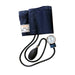 A sphygmomanometer measures blood pressure. Its cuff is dark blue, and it has a gauge and bulb. The label indicates its use on the left or right arm. "SPHYGMOMANOMETER ARTERY LEFT ARM RIGHT ARM"