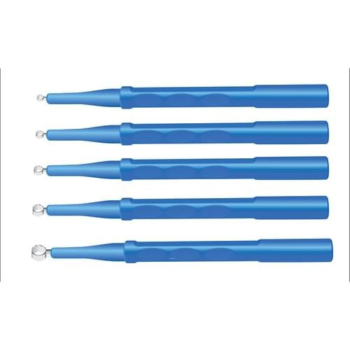 Five blue, slender instruments with rounded ends are arranged vertically against a white background. They appear to be medical or scientific tools.