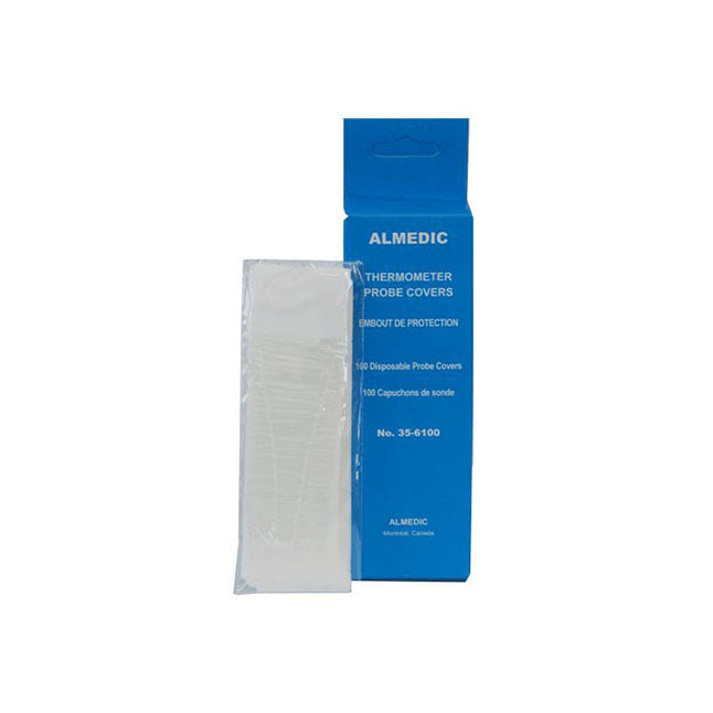 A package of disposable thermometer probe covers sits on a white background. The covers are shown individually wrapped and packaged in a blue box labeled "ALMEDIC THERMOMETER PROBE COVERS" and "No. 35-6100".