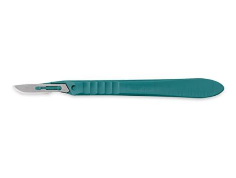 A teal scalpel rests on a white background.