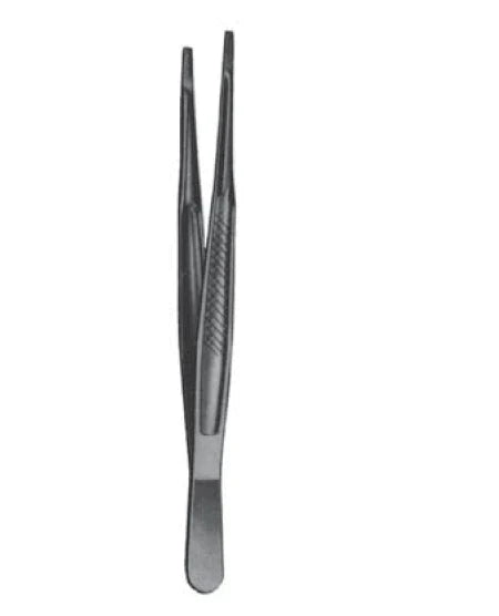 A pair of dark gray, slender forceps stands upright against a white background.