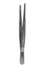 A pair of dark gray, slender forceps stands upright against a white background.