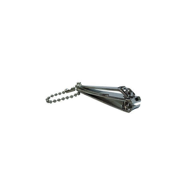 A metallic nail clipper with a small chain rests on a white background.