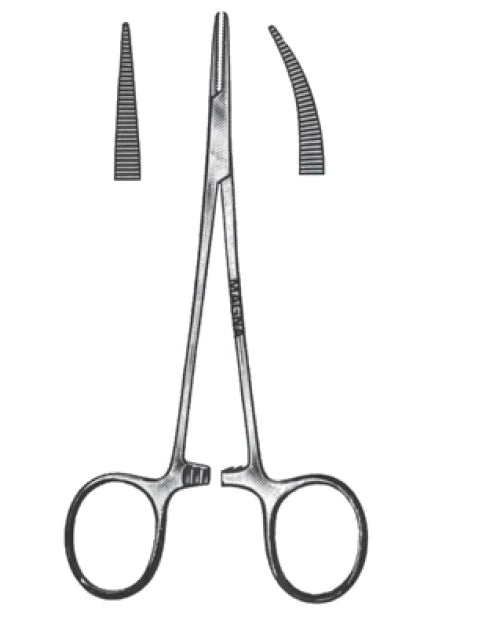 A pair of straight surgical forceps, shown open, with two additional, smaller, serrated jaws displayed separately.