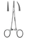 A pair of straight surgical forceps, shown open, with two additional, smaller, serrated jaws displayed separately.