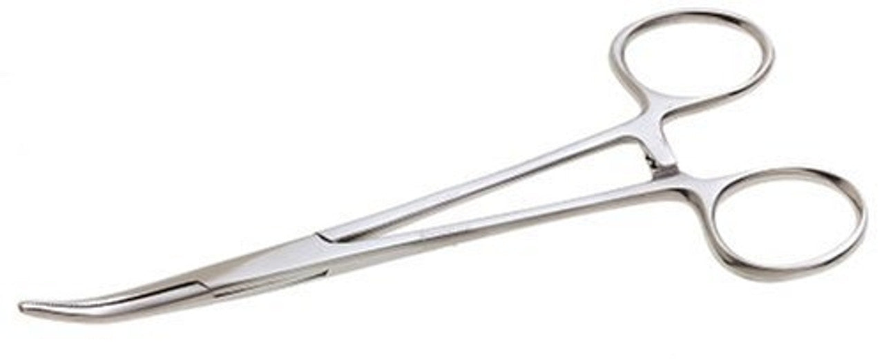 A curved, stainless steel surgical clamp lies on a white background.