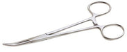 A curved, stainless steel surgical clamp lies on a white background.