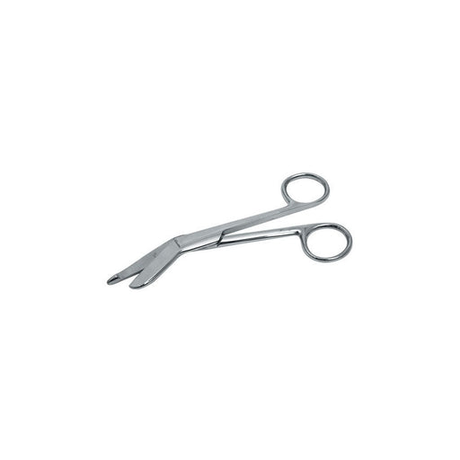 A pair of bandage scissors lies on a white background. The scissors are curved and metallic.