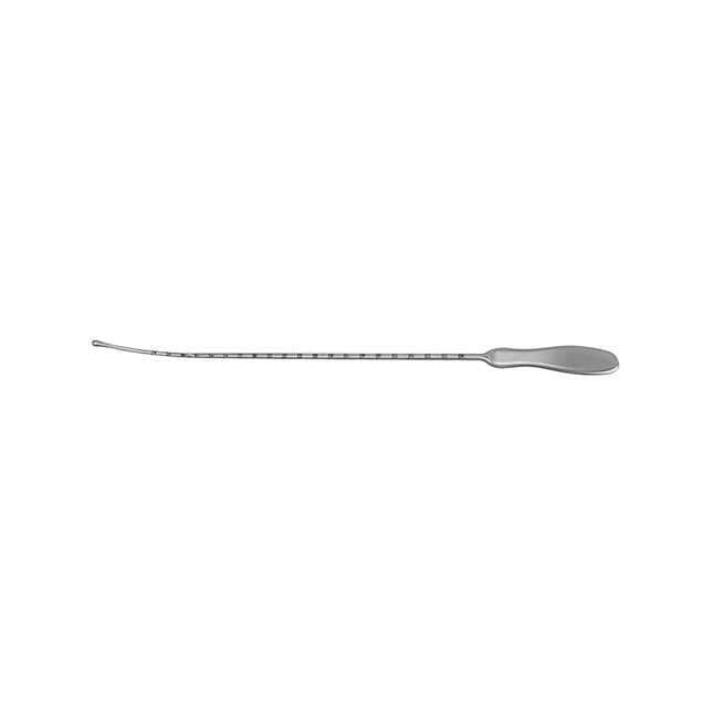 A surgical tool with a thin, segmented shaft and oval handle sits horizontally against a white background. The tip of the tool is slightly curved.