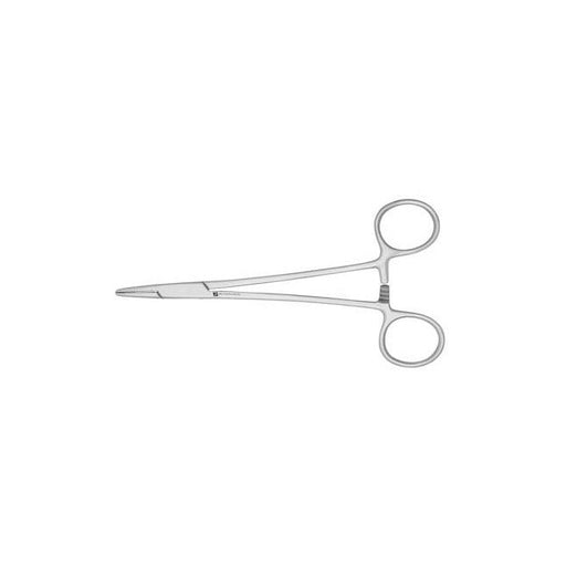 A pair of surgical forceps lies on a white background.