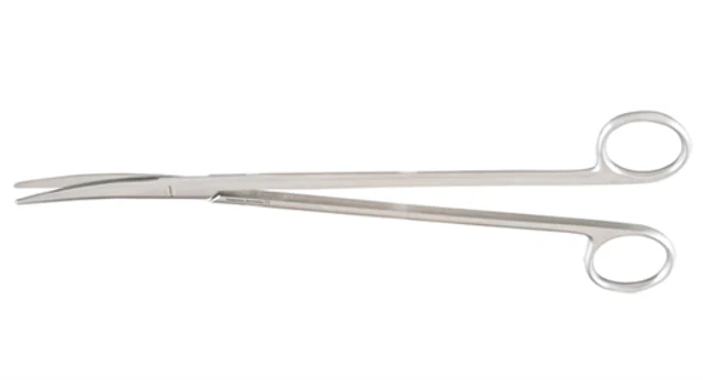 A pair of curved, metallic surgical scissors lies on a plain white background. The scissors are closed, ready for use.