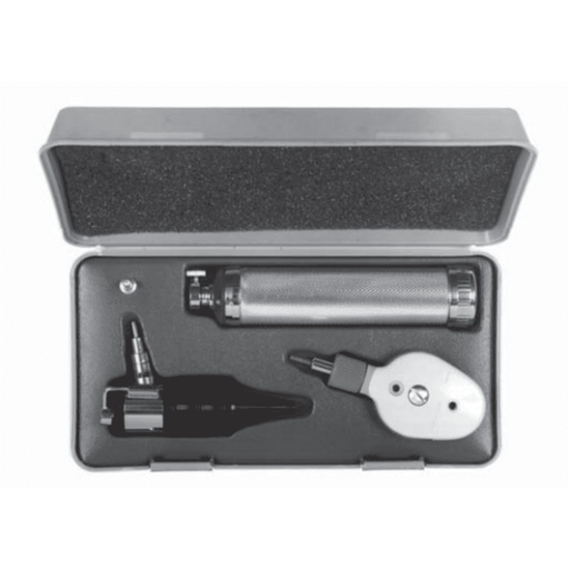 A medical otoscope set rests in its gray carrying case. The set includes a metal handle, a black ear speculum, and a white control knob.
