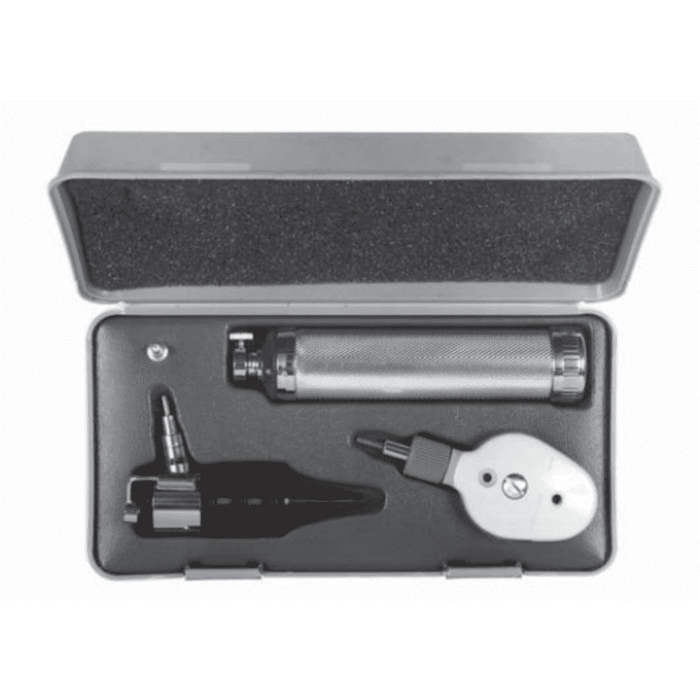 A medical otoscope set rests in its gray carrying case. The set includes a metal handle, a black ear speculum, and a white control knob.