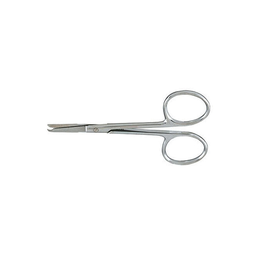 A pair of small, metallic scissors rests on a plain white background.