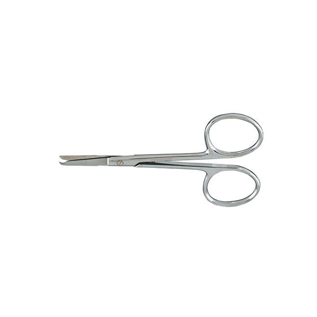 A pair of small, metallic scissors rests on a plain white background.