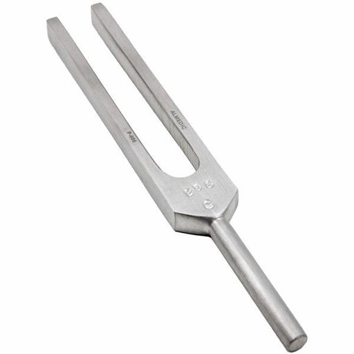 A metal tuning fork sits upright against a plain white background. It appears to be unused.