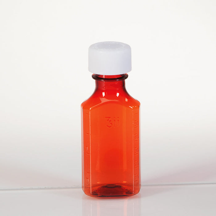 A small, amber bottle sits on a white surface. It has a white cap and milliliter markings.