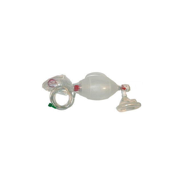A self-inflating bag-valve mask rests on a white background. It is ready for use in providing assisted ventilation.