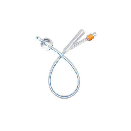A catheter lies on a white background; its clear tubing is curved. One end has a small, rounded tip, the other has an orange connector.