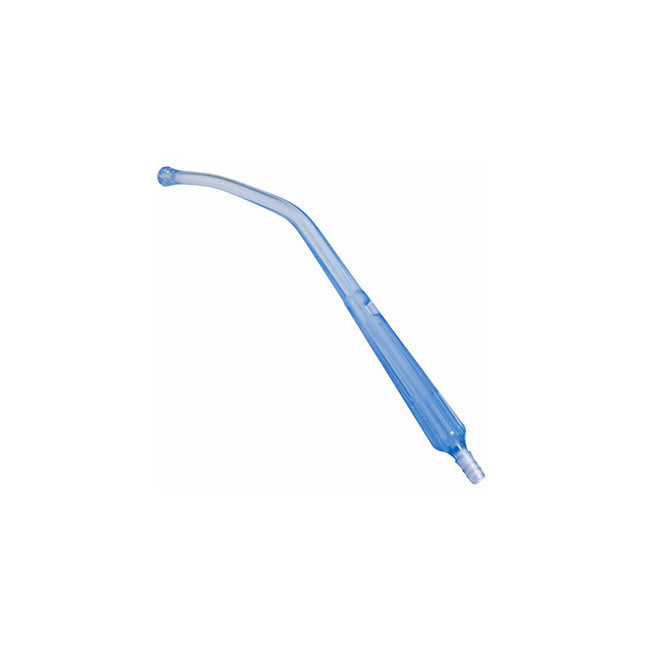 A light-blue, curved catheter extends from a rounded tip to a connector, isolated against a white background.