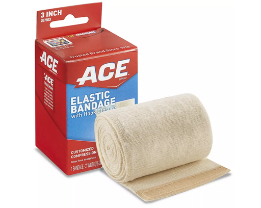 An Ace Brand elastic bandage with hook closure sits on a white background next to its packaging. The bandage is beige, and the box is red and blue, showing the brand name and product details. "3 INCH," "207603," "NASCAR," "Trusted Brand Since 1918," "ELASTIC BANDAGE with Hook Closure," "CUSTOMIZED COMPRESSION latex free materials," and "1 BANDAGE-3" WIDTH (7.6 CM)" are printed on the box.