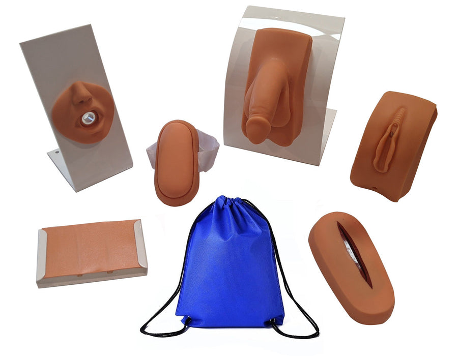 Several anatomical models of human genitalia and a mouth are displayed on a white background; a blue drawstring bag is also present.