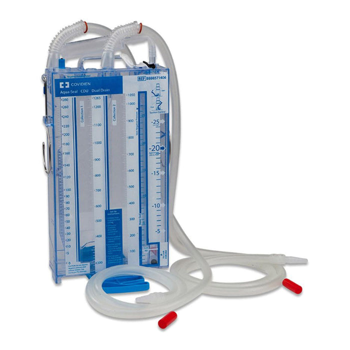 A pleural drainage unit sits against a white background. Tubing extends from the base, ending in red connectors. The chamber has visible markings and liquid.