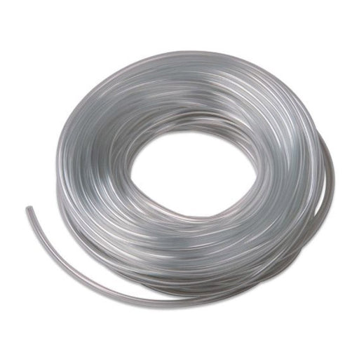 A clear, flexible tube is coiled tightly, forming a ring shape. One end extends slightly outside the ring against a white background.