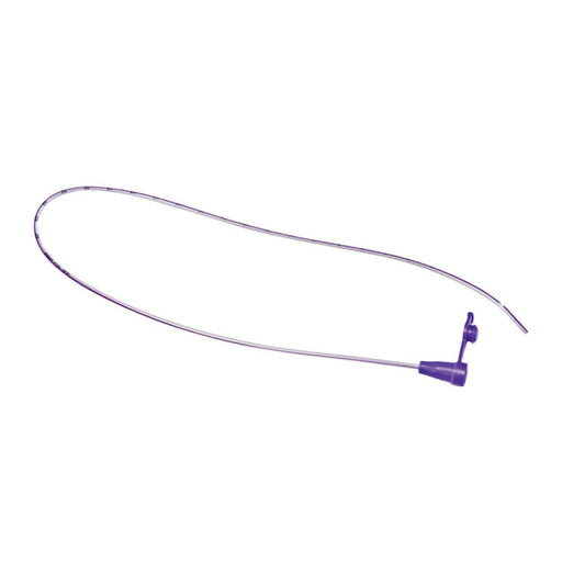 A thin, white, flexible tube extends across a plain white background; a small, purple connector is attached at one end.