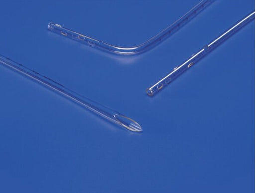 Three clear tubes, possibly catheters, lie on a blue surface. One is straight, one is curved, and one is shorter and slightly curved. They have small holes along their lengths.