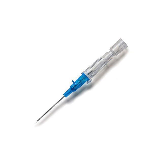 A catheter lies on a white background. It is a clear plastic cannula with a blue hub and a sharp needle.