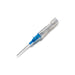 A catheter lies on a white background. It is a clear plastic cannula with a blue hub and a sharp needle.