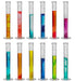 Twelve graduated cylinders contain various colored liquids. They stand upright on a white background.