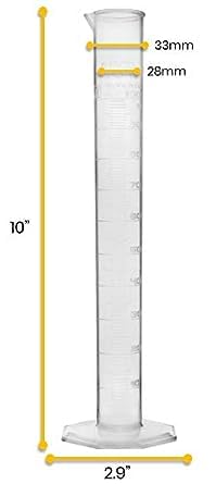 A clear plastic graduated cylinder stands upright, showing volume measurements. It is 10” tall with a base of 2.9”. Measurements of 33mm and 28mm are also indicated.